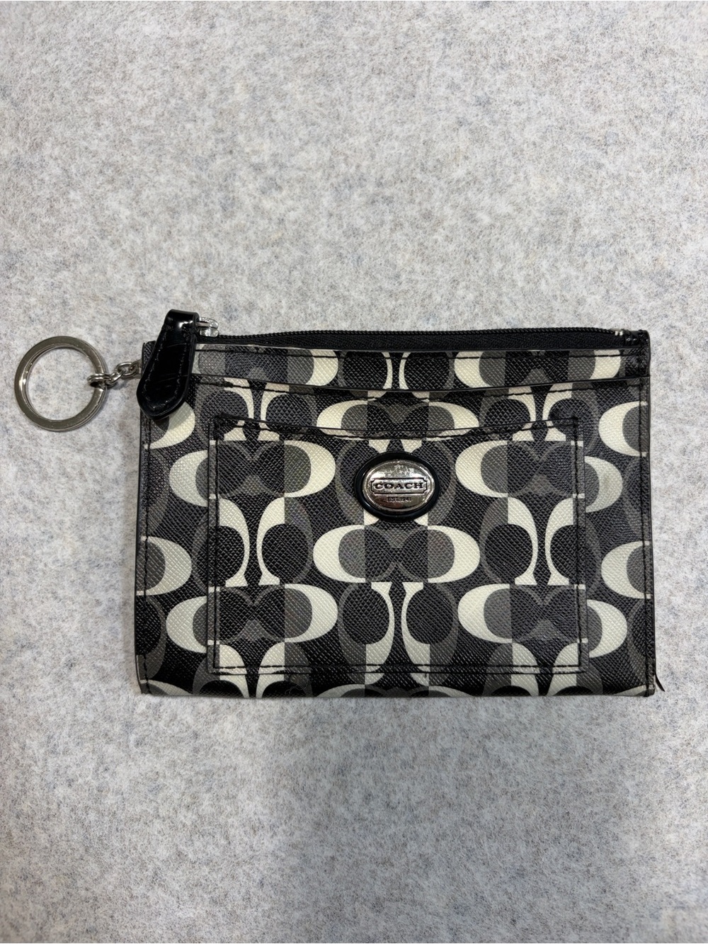 Coach Black and Cream Signature Zip Card Case Wallet